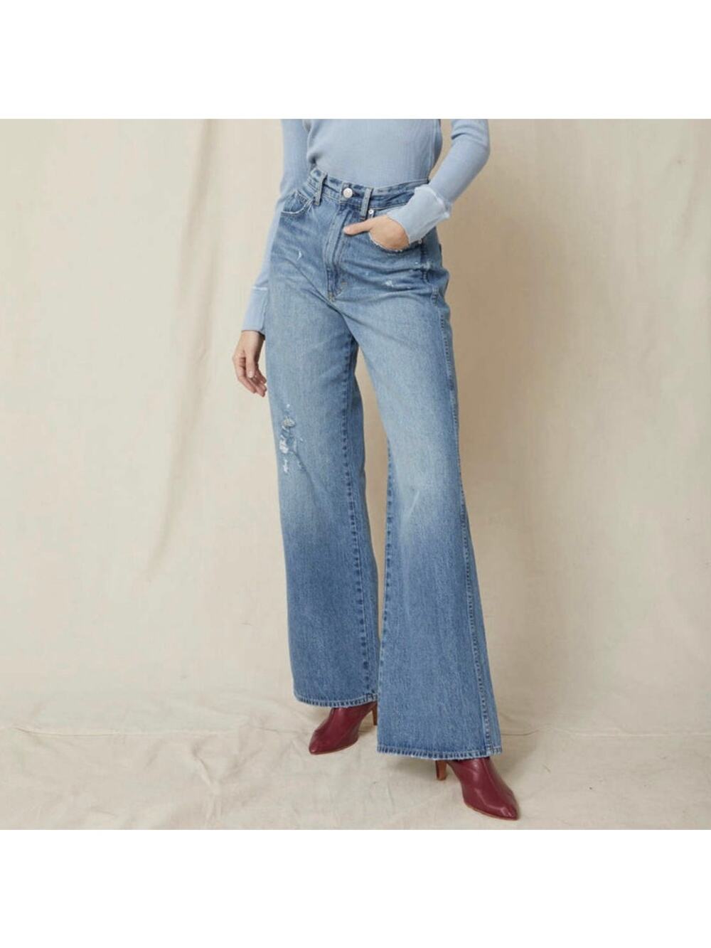 AMO Denim Frida Flare Wide Leg Distressed Jeans in Back To Life Size 23